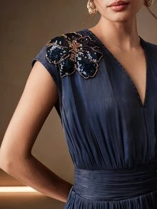 AnewstaV Sleeveless Waist-Cinching 3D Floral Applique Long Dress For Women - Navy Blue - View 5