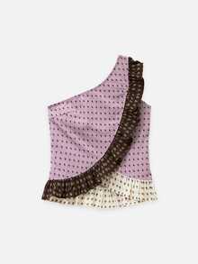 Nöista Blus Satu Bahu dengan Motif Paisley Ungu Muda, Cokelat & Krem dengan Rumbai Kontras. Elegan untuk Makan Malam, Pesta, Liburan. Musim Gugur & Musim Dingin. - Mauve Purple - View 8