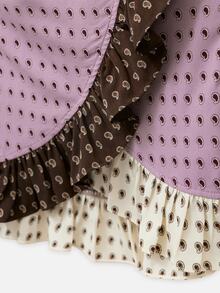 Nöista Blus Satu Bahu dengan Motif Paisley Ungu Muda, Cokelat & Krem dengan Rumbai Kontras. Elegan untuk Makan Malam, Pesta, Liburan. Musim Gugur & Musim Dingin. - Mauve Purple - View 11