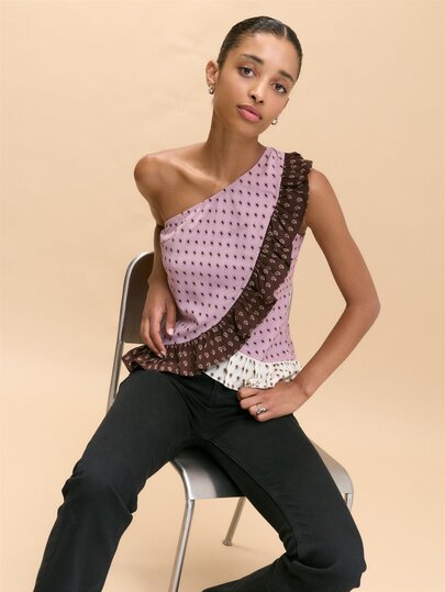 Nöista One-Shoulder Blouse In Lilac, Brown & Ecru Paisley Print With Contrast Ruffles. Elegant For Dinner, Parties, Vacations. Fall& Winter.