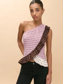 Nöista Blus Satu Bahu dengan Motif Paisley Ungu Muda, Cokelat & Krem dengan Rumbai Kontras. Elegan untuk Makan Malam, Pesta, Liburan. Musim Gugur & Musim Dingin. - Mauve Purple - View 3