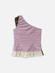 Nöista Blus Satu Bahu dengan Motif Paisley Ungu Muda, Cokelat & Krem dengan Rumbai Kontras. Elegan untuk Makan Malam, Pesta, Liburan. Musim Gugur & Musim Dingin. - Mauve Purple - View 9