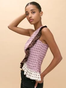 Nöista Blus Satu Bahu dengan Motif Paisley Ungu Muda, Cokelat & Krem dengan Rumbai Kontras. Elegan untuk Makan Malam, Pesta, Liburan. Musim Gugur & Musim Dingin. - Mauve Purple - View 2