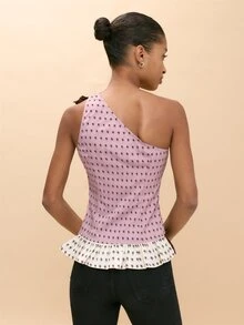 Nöista Blus Satu Bahu dengan Motif Paisley Ungu Muda, Cokelat & Krem dengan Rumbai Kontras. Elegan untuk Makan Malam, Pesta, Liburan. Musim Gugur & Musim Dingin. - Mauve Purple - View 6