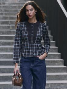 Nöista Part Of A Set, Plaid Blouse Button Down. Everyday Outfits, Office, Vacation, Set, Coord, Autumn, Winter, Day. - Brown - View 3