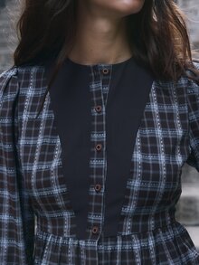 Nöista Part Of A Set, Plaid Blouse Button Down. Everyday Outfits, Office, Vacation, Set, Coord, Autumn, Winter, Day. - Brown - View 4
