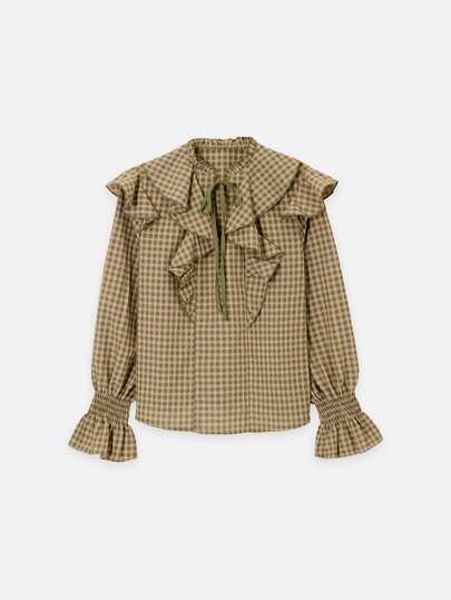 Nöista Plaid,Ruffled,Tie-Front Long-Sleeved Shirt,Sweet Elegance,Comfortable,Skin,Vsuitable Casual Occasions Fall Winter,