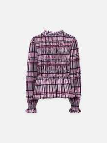 Nöista Light Pink Plaid Ruched Top, Fitted, Retro Elegant 80s 70s, Cute, Ruffle, French Casual Fall, Artistic Dates Office Tea Party Work Brunch, Romantic - Pink - View 7
