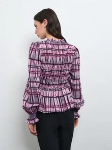 Nöista Light Pink Plaid Ruched Top, Fitted, Retro Elegant 80s 70s, Cute, Ruffle, French Casual Fall, Artistic Dates Office Tea Party Work Brunch, Romantic - Pink - View 5