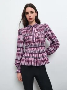 Nöista Light Pink Plaid Ruched Top, Fitted, Retro Elegant 80s 70s, Cute, Ruffle, French Casual Fall, Artistic Dates Office Tea Party Work Brunch, Romantic - Pink - View 2