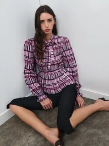 Nöista Light Pink Plaid Ruched Top, Fitted, Retro Elegant 80s 70s, Cute, Ruffle, French Casual Fall, Artistic Dates Office Tea Party Work Brunch, Romantic - Pink - View 8