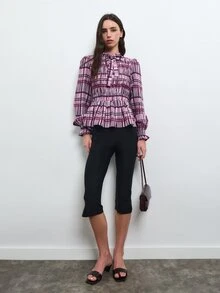 Nöista Light Pink Plaid Ruched Top, Fitted, Retro Elegant 80s 70s, Cute, Ruffle, French Casual Fall, Artistic Dates Office Tea Party Work Brunch, Romantic - Pink - View 3