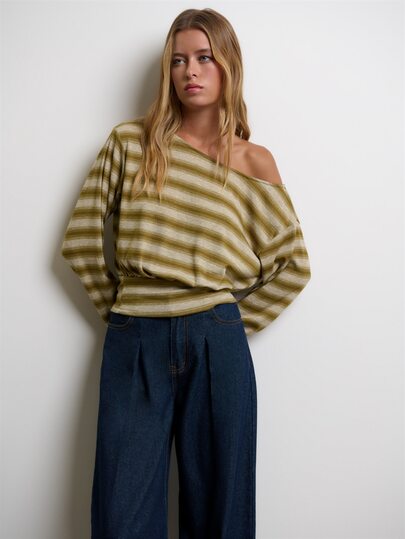 Nöista Olive Stripe Off-Shoulder Top With Long Sleeves And Elasticated Waist. Sexy, Casual, Going Out, Weekend, Autumn Winter Women's Tops. Fall Clothes.