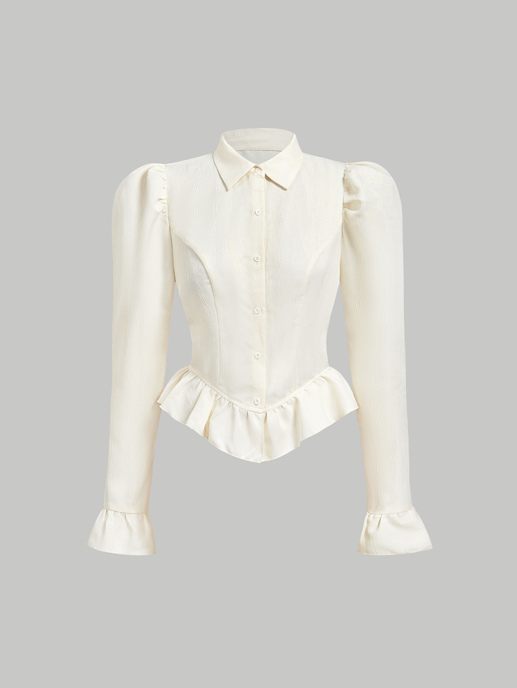 SHEIN MOD Flare Sleeve Ruffle Hem Petal Sleeve Beige Waisted Blouse Teachers' Day Office Autumn Vintage Elegant.Halloween.Back To School. - Apricot - View 5