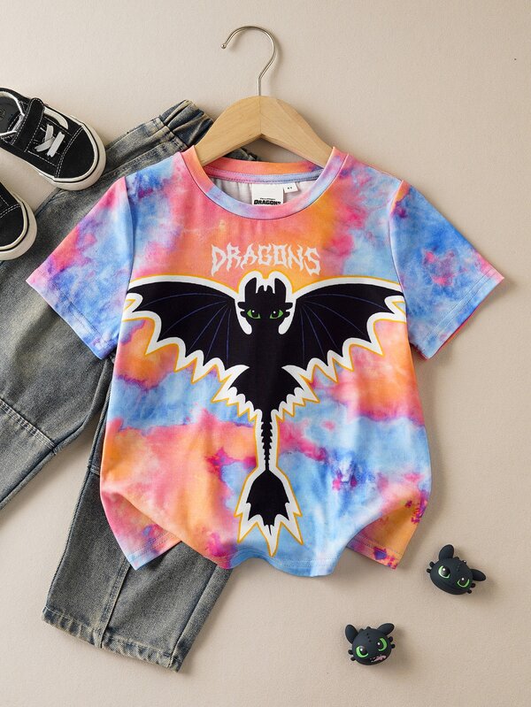 SHEIN How to Train Your Dragon 1pc Young Boy Casual Crew Neck Short Sleeve Tie-Dye Design Graphic Tee