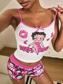 Betty Boop x SHEIN 女款字母卡通印花細肩帶上衣與短褲休閒日常居家睡衣套裝 - 粉色 - 查看 3