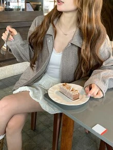 DAZY 女款人字紋長袖前拉鍊休閒夾克校園風 - 灰色 - 查看 3