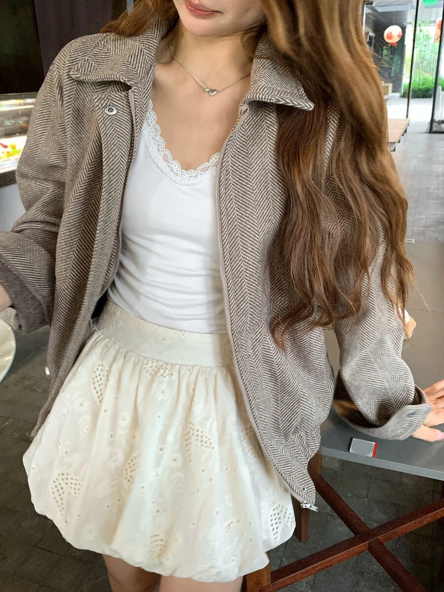 DAZY 女款人字紋長袖前拉鍊休閒夾克校園風 - 灰色 - 查看 1