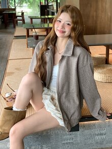 DAZY 女款人字紋長袖前拉鍊休閒夾克校園風 - 灰色 - 查看 7