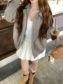 DAZY 女款人字紋長袖前拉鍊休閒夾克校園風 - 灰色 - 查看 5