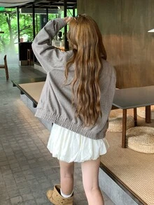 DAZY 女款人字紋長袖前拉鍊休閒夾克校園風 - 灰色 - 查看 2
