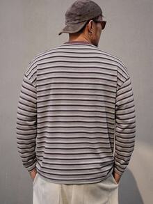DAZY 男士條紋拼接配色休閒百搭日常長袖T恤 秋季 - 棕色 - 查看 2