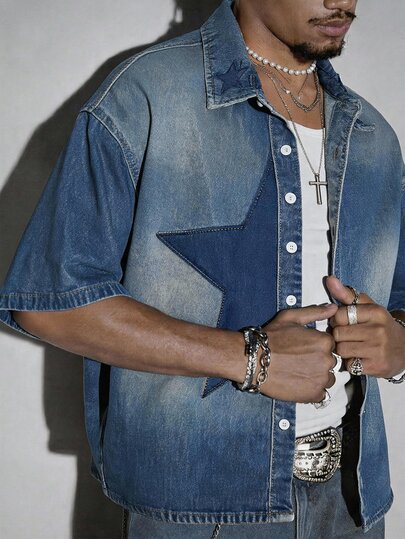 Men's Denim Top, Summer New Distressed Washed Blue Denim, Star Patchwork Design, Loose Casual Comfortable Versatile Short Sleeve Denim Shirt