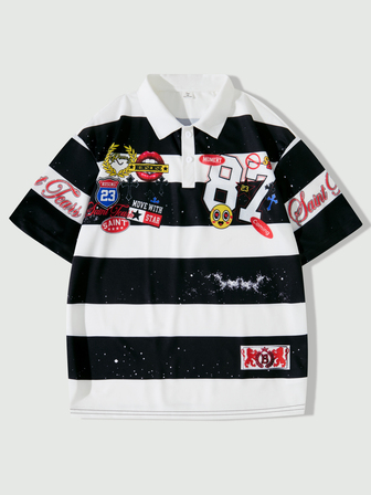 Street Life Teen Boy Colorblock Letter & Number Print Casual Everyday Short Sleeve T-Shirt