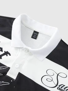 ROMWE MEN Men's Contrast Color Striped Character Print Polo Shirt - Multicolor - View 3
