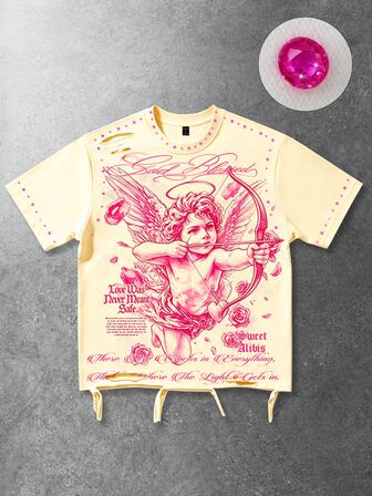 Street Life Herren Lässig Mode T-Shirt mit schwerer Strass-Verzierung, Kurzarm Rundhals Top