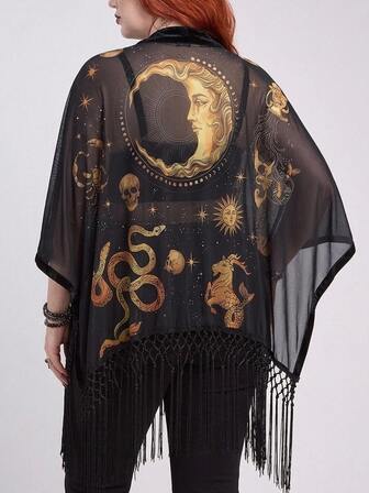 Hippie Dark Witch Star Moon Skull Print Sheer Mesh Hem Tassel Plus Size Women Loose Cover-Up Jacket