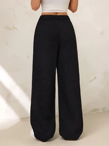 SHEIN PETITE 休閒百搭純色直筒燈芯絨長褲 - 黑色 - 查看 2