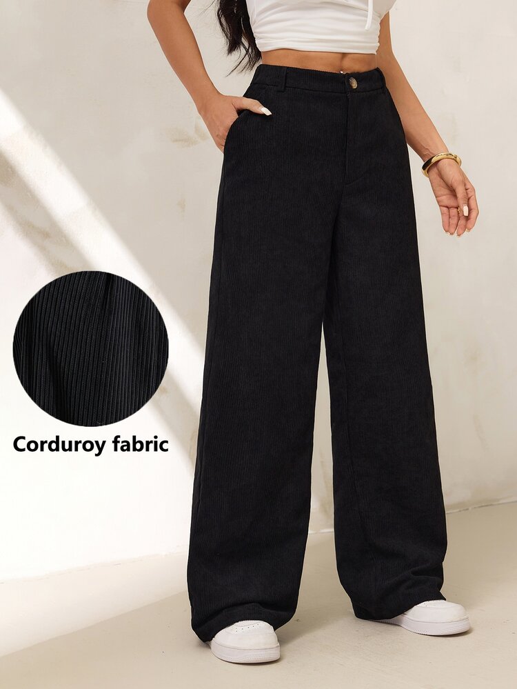 SHEIN PETITE Casual Versatile Solid Color Straight Leg Corduroy Pants Work Plain Black Autumn - Black - View 7