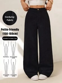 SHEIN PETITE 休閒百搭純色直筒燈芯絨長褲 - 黑色 - 查看 11