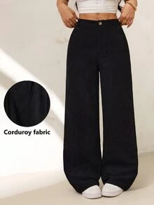 SHEIN PETITE 休閒百搭純色直筒燈芯絨長褲 - 黑色 - 查看 6