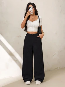 SHEIN PETITE 休閒百搭純色直筒燈芯絨長褲 - 黑色 - 查看 4