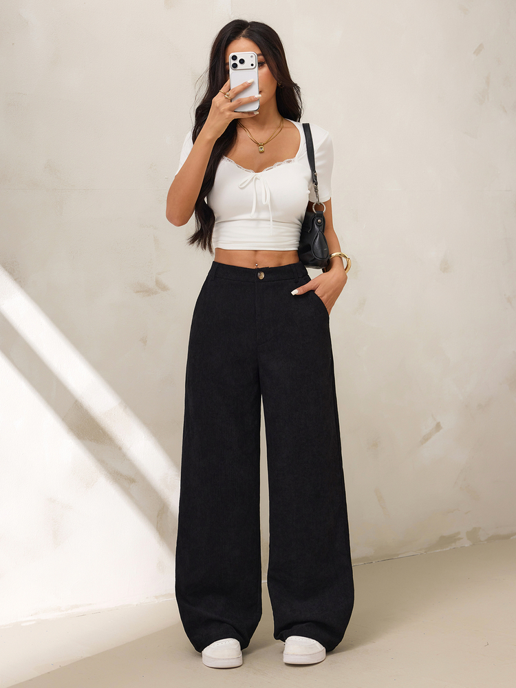 SHEIN PETITE Casual Versatile Solid Color Straight Leg Corduroy Pants Work Plain Black Autumn - Black - View 4