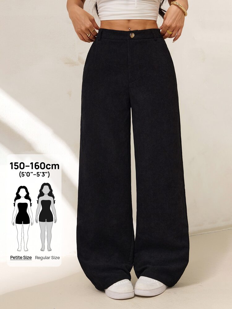SHEIN PETITE Casual Versatile Solid Color Straight Leg Corduroy Pants Work Plain Black Autumn - Black - View 1