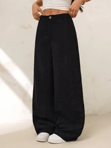 SHEIN PETITE 休閒百搭純色直筒燈芯絨長褲 - 黑色 - 查看 8