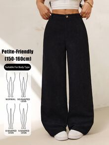 SHEIN PETITE 休閒百搭純色直筒燈芯絨長褲 - 黑色 - 查看 9