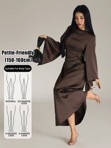 SHEIN PETITE Women's Elegant Ruched Satin Party Dinner Holiday Dark Brown Extra Long Dress Autumn - Coffee Brown - View 10