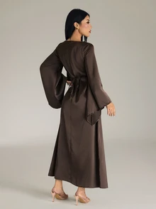 SHEIN PETITE Women's Elegant Ruched Satin Party Dinner Holiday Dark Brown Extra Long Dress Autumn - Coffee Brown - View 9