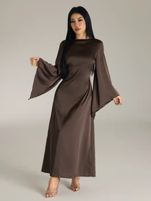 SHEIN PETITE Women's Elegant Ruched Satin Party Dinner Holiday Dark Brown Extra Long Dress Autumn - Coffee Brown - View 7