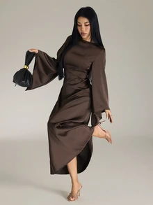 SHEIN PETITE Women's Elegant Ruched Satin Party Dinner Holiday Dark Brown Extra Long Dress Autumn - Coffee Brown - View 11