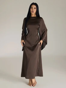 SHEIN PETITE Women's Elegant Ruched Satin Party Dinner Holiday Dark Brown Extra Long Dress Autumn - Coffee Brown - View 4
