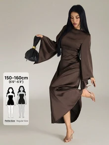 SHEIN PETITE Women's Elegant Ruched Satin Party Dinner Holiday Dark Brown Extra Long Dress Autumn - Coffee Brown - View 1