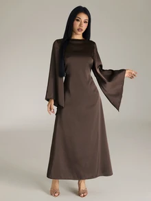 SHEIN PETITE Women's Elegant Ruched Satin Party Dinner Holiday Dark Brown Extra Long Dress Autumn - Coffee Brown - View 5