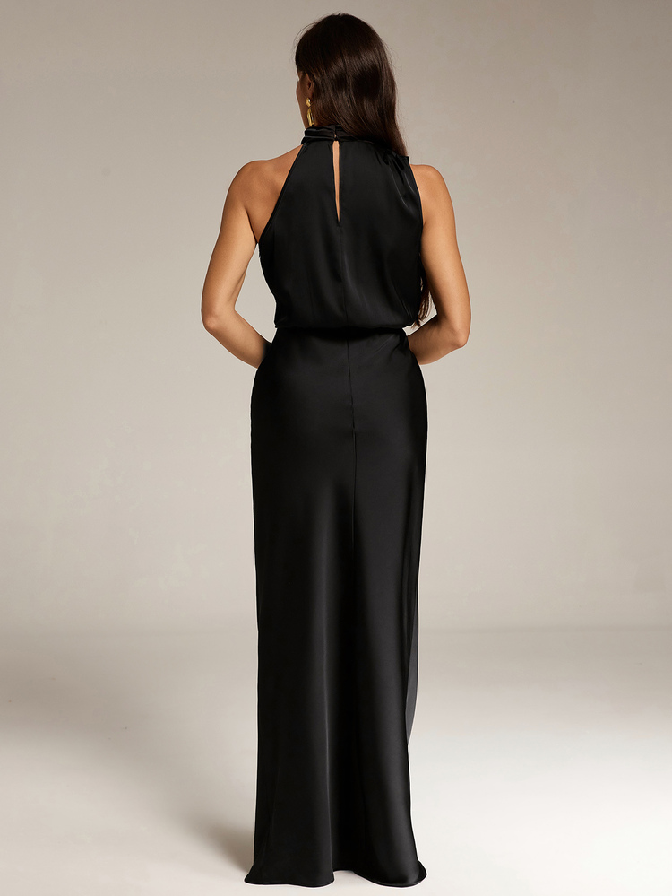 SHEIN Tall فستان طويل أنيق من الساتان الأسود بدون أكمام بتصميم غير متماثل، فستان رسمي بسيط للحفلات والكوكتيل والزفاف وأعياد الميلاد والعشاء، فساتين الخريف والربيع للنساء، للنساء الطويلات - الأسود - مشاهدة 2