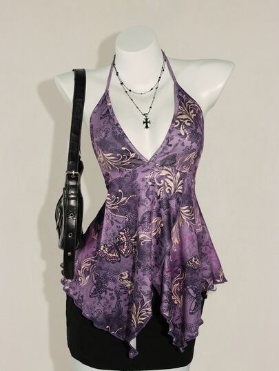 SHEIN ICON Women's Bohemian Style Butterfly Print Halter Neck Camisole