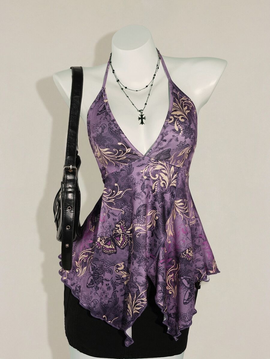 SHEIN ICON 女式波西米亚风格蝴蝶印花露背吊带背心 - 紫色 - 查看 1